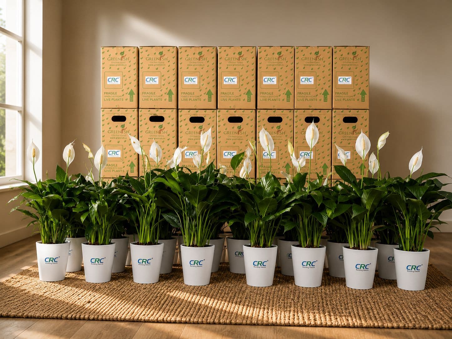 Corporate plant gifts in branded pots arranged with Greenish packaging