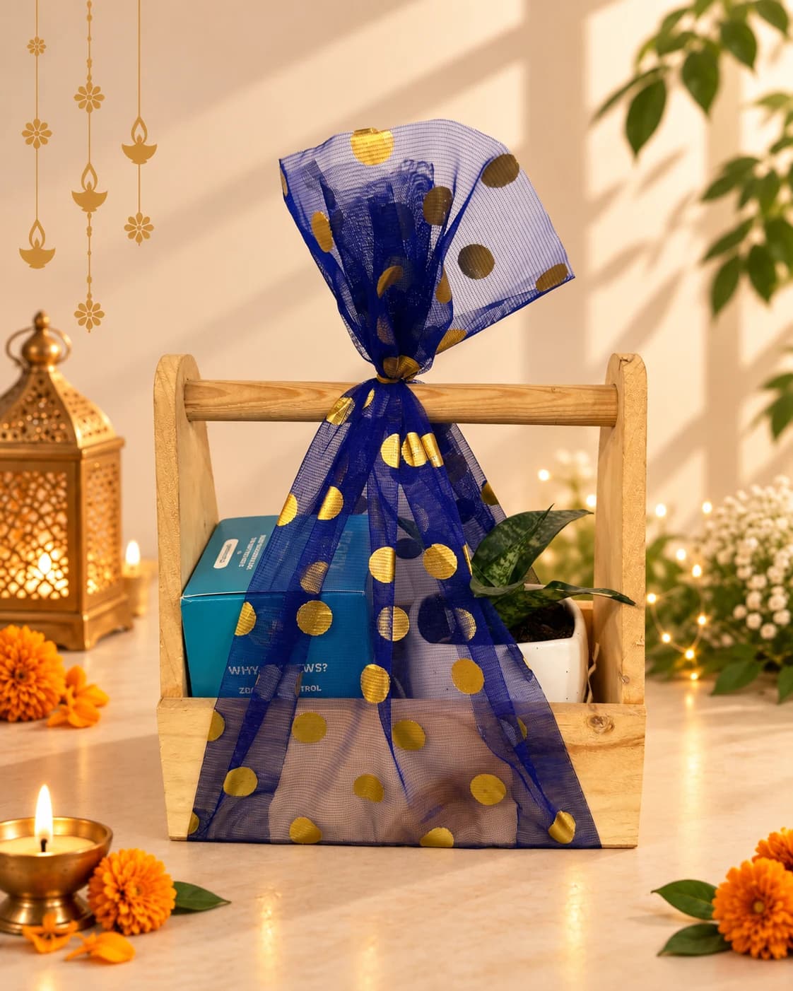 Wooden gift carrier with a white potted plant and blue box, wrapped in blue and gold ribbon.