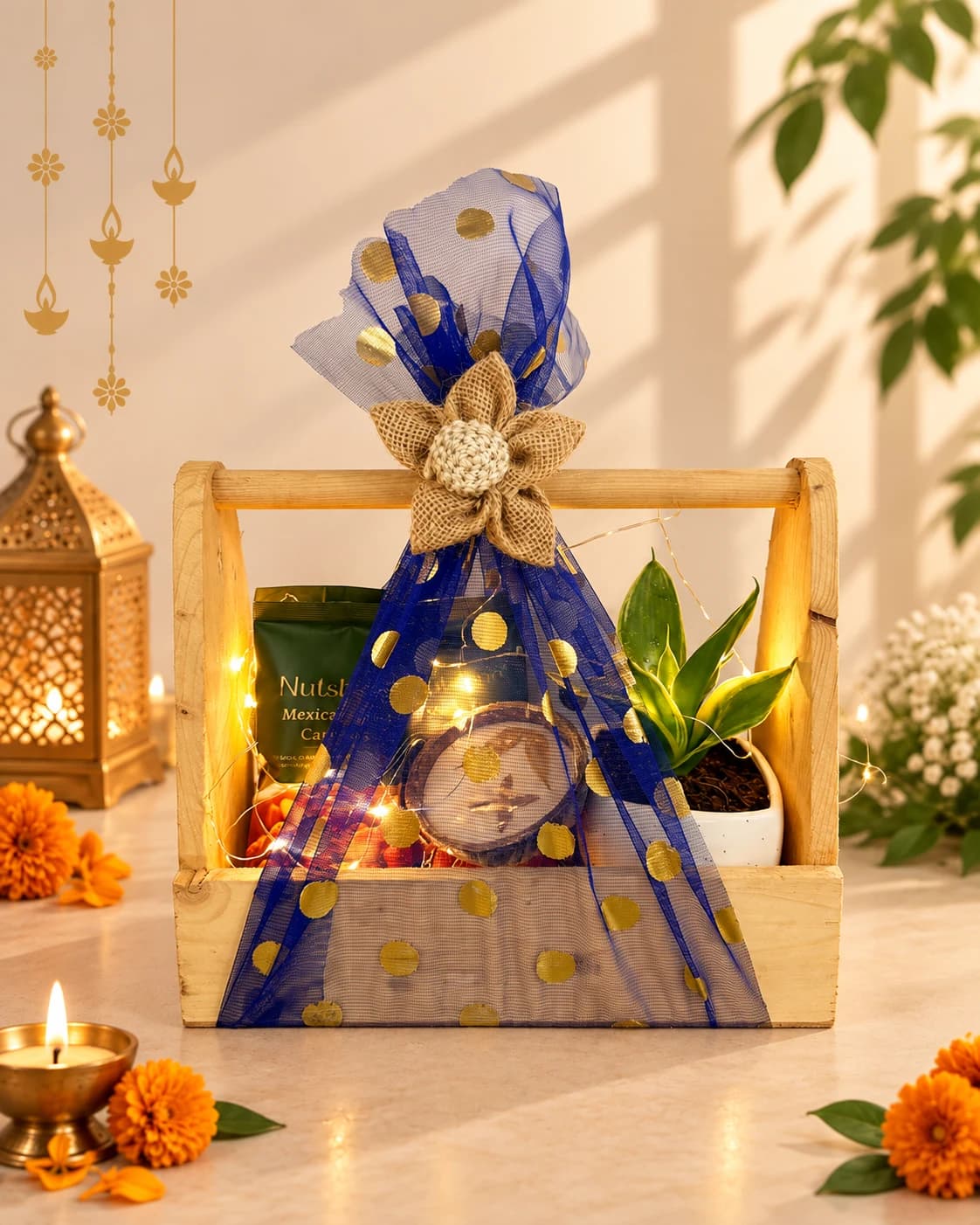 Wooden gift carrier with a potted plant, snack packet and round bowl, decorated with blue ribbon and lights.