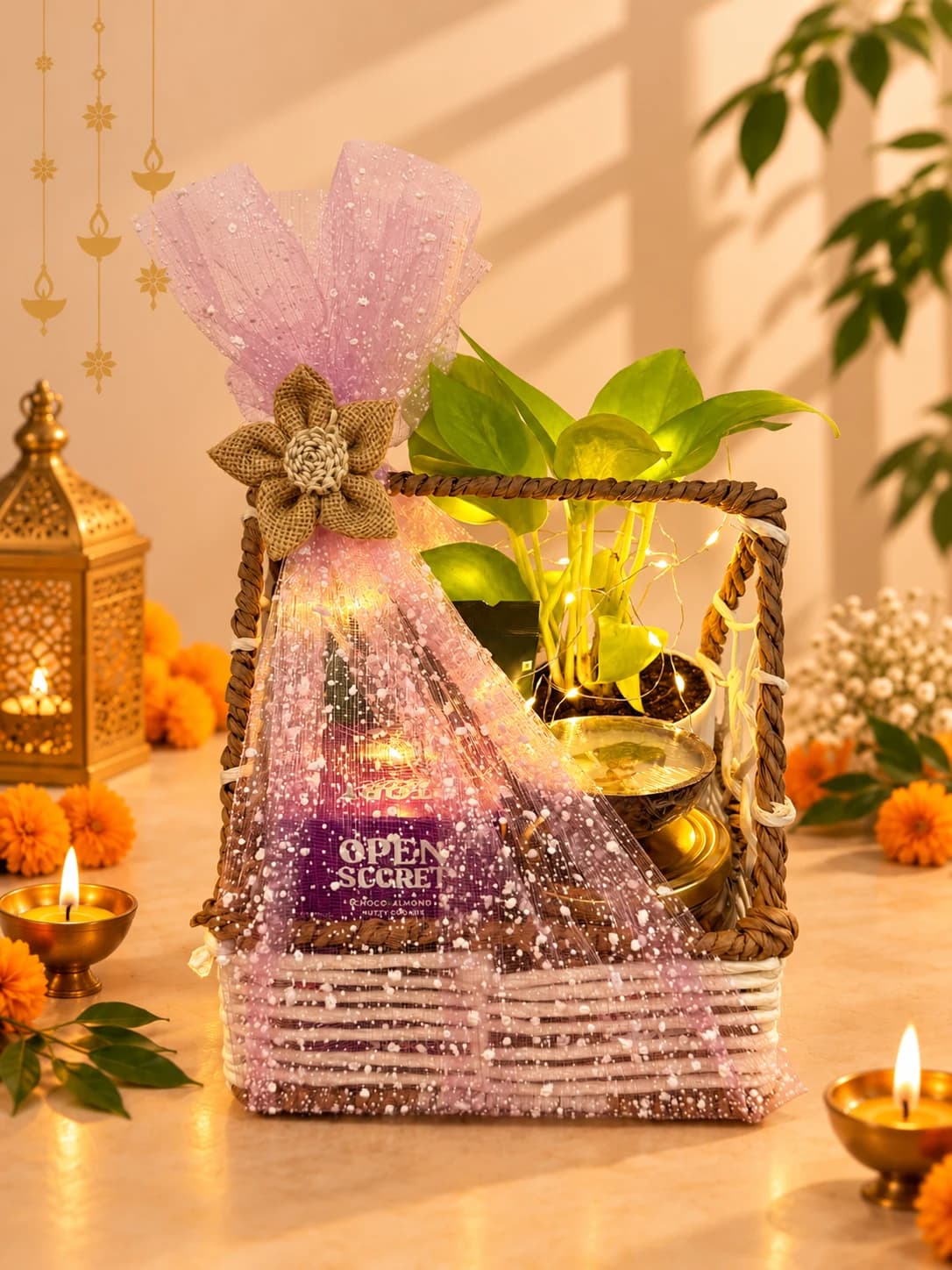 Tall woven gift basket with a leafy plant, cookie box and decorative bowl, wrapped in pink ribbon and lights.
