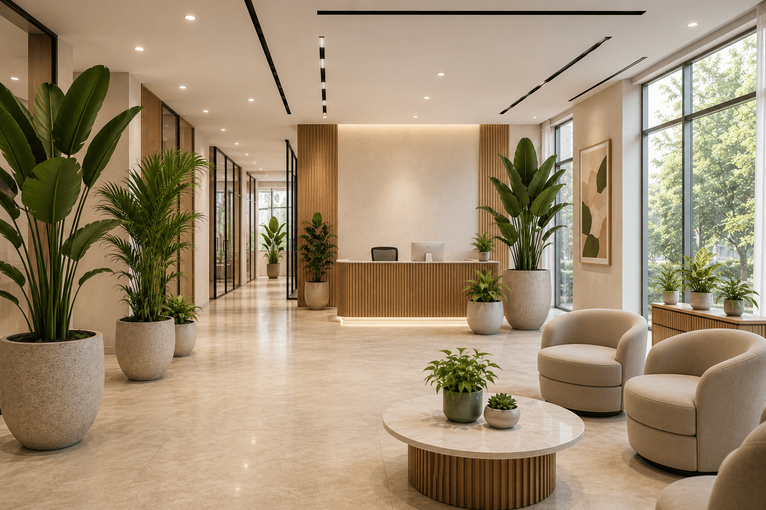 Large indoor planters with healthy plants in a commercial reception