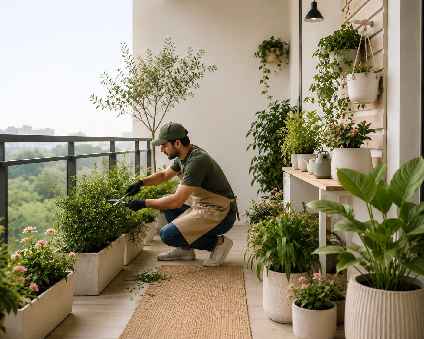 Gardener professionally maintaining plants on a residential balcony